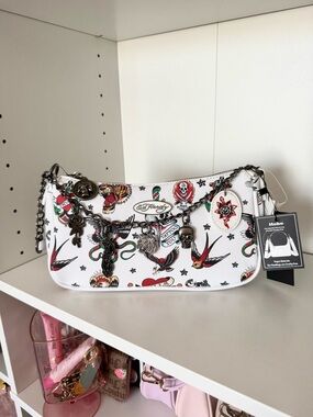 Ed Hardy White Tattoo-Print Shoulder Bag with Metal Charm Chain